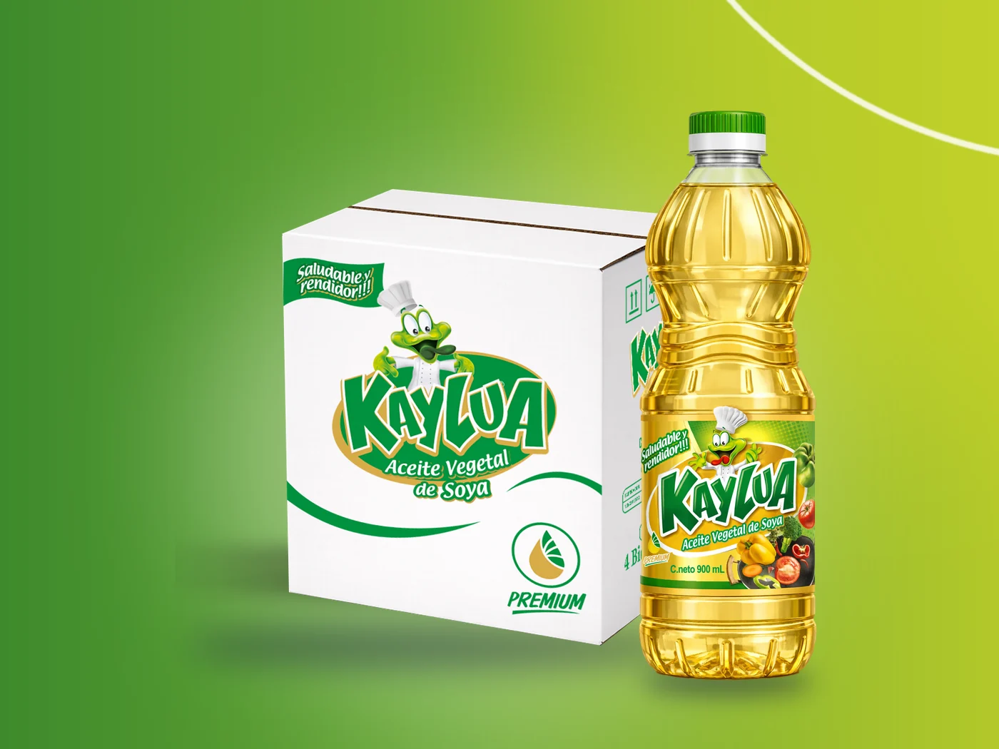 Caja y botella de 900 ml de Aceite Vegetal de Soya Kaylua