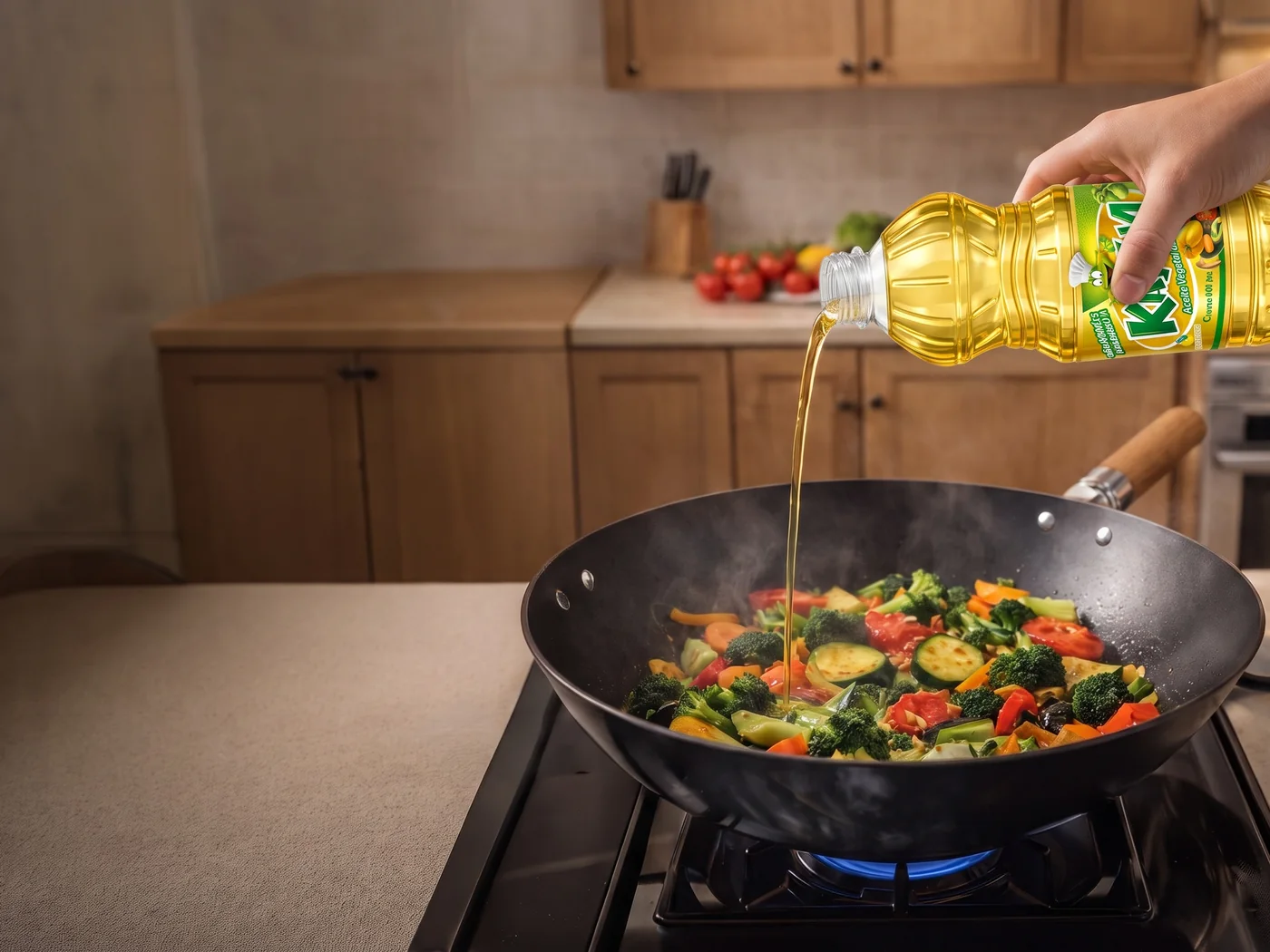 Botella abierta de Aceite Vegetal de Soya Kaylua de 900 ml sirviéndose sobre verduras salteadas en un wok
