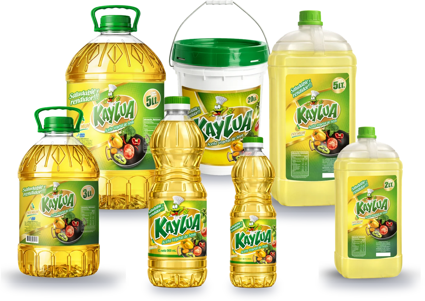 Presentaciones de Kaylua Aceites: 500 ml, 900 ml, 2 L, 3 L, 5 L en botella y bidón, y balde de 20 L